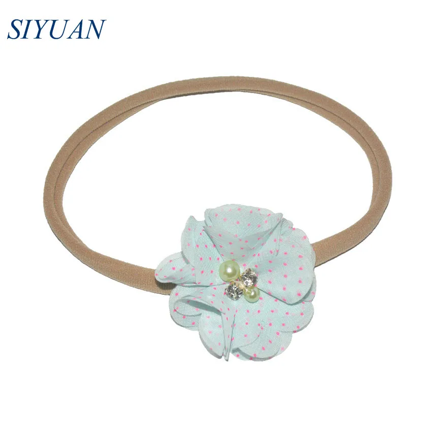 25pcs/lot Eco-friendly Nylon Headband with 2'' Polka Dot Chiffon Pearl Rhinestone Beaded Flower Christmas Gift for Girl HB046 |