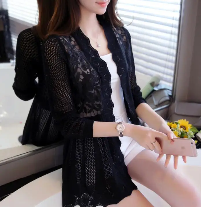 2017 Женский Тонкий свитер с кружевом и вырезом кардиган накидка верхняя одежда