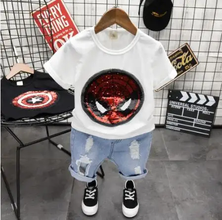 

Children's clothing set Summer baby short-sleeved T-shirt cartoon print cotton T-shirt kids hole Denim shorts 2pcs