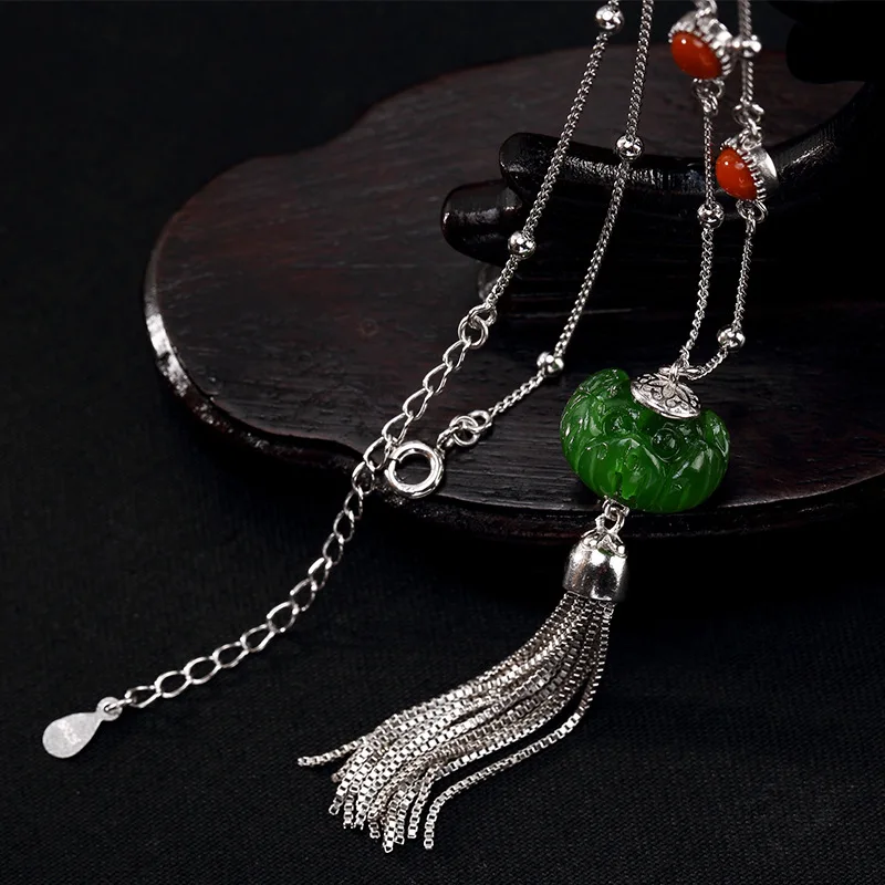 

S925 Sterling Silver Natural, Hetian jade lotus south red long high grade multi touch sweater chain chain pendant.