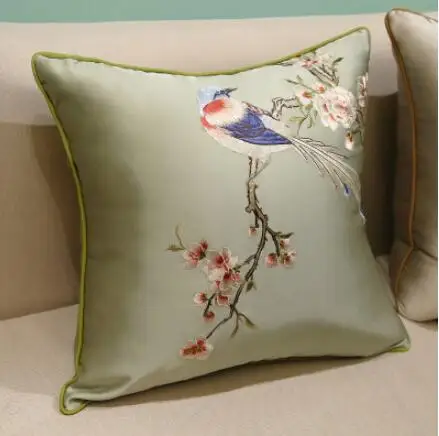 Blue bird green Классическая вышивка синяя птица подушка с внутренней подушкой сатиновая подушка стул декоративная для подарка - Цвет: Blue bird green