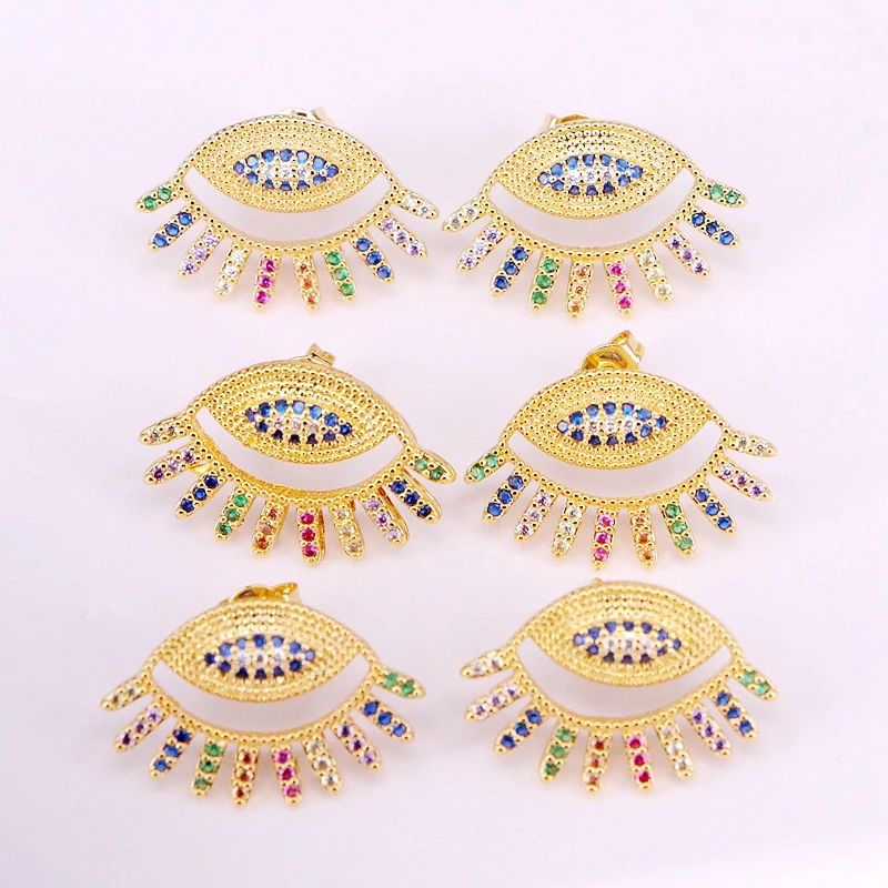 

6Pairs, Rainbow CZ Eye Earrings Trendy Studs 2019 Colorful Crystal Zirconia Gold Fashion CZ Party Earrings for Women