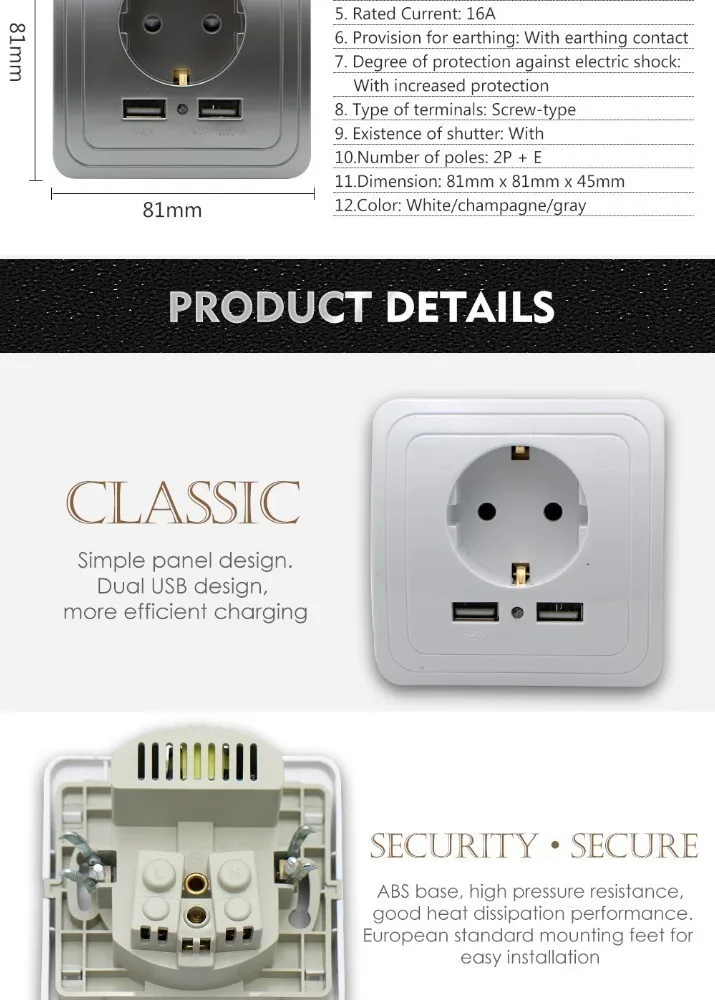 Штепсельная розетка европейского стандарта с двумя usb-портами, Силовая розетка 2000ма 16А, ЕС, умный дом, настенное зарядное устройство, адаптер, зарядная розетка с USB-настенным адаптером