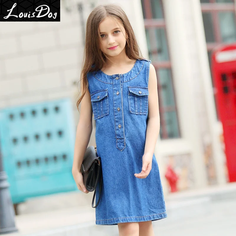 Girls pocket denim dress kids brand designer tank children's sleeveless jeans dresses size 6-16Y | Детская одежда и обувь