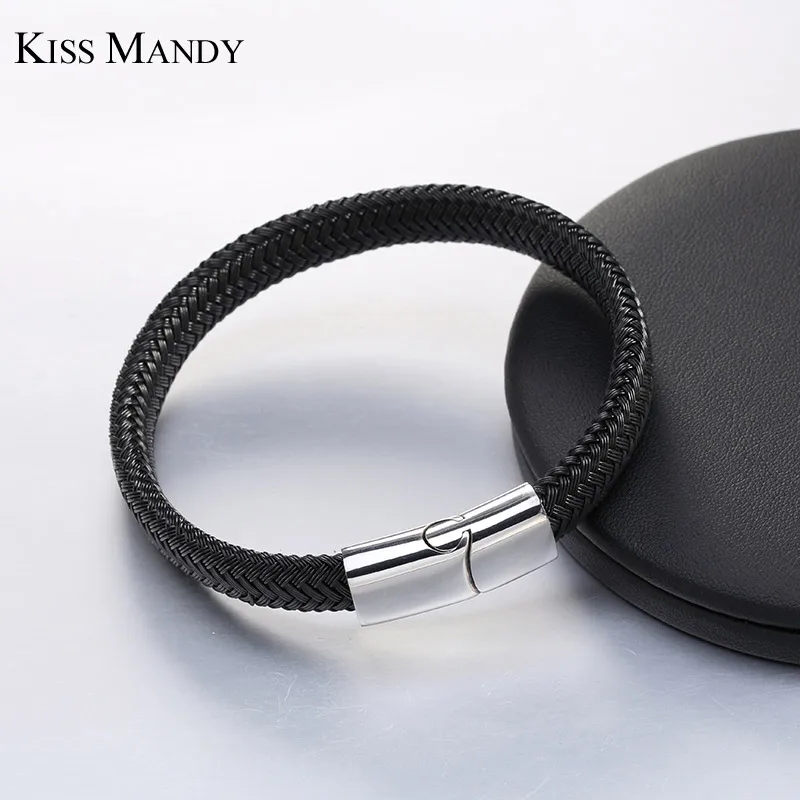 Браслет из натуральной кожи KISS MANDY черный браслет нержавеющей стали с застежкой