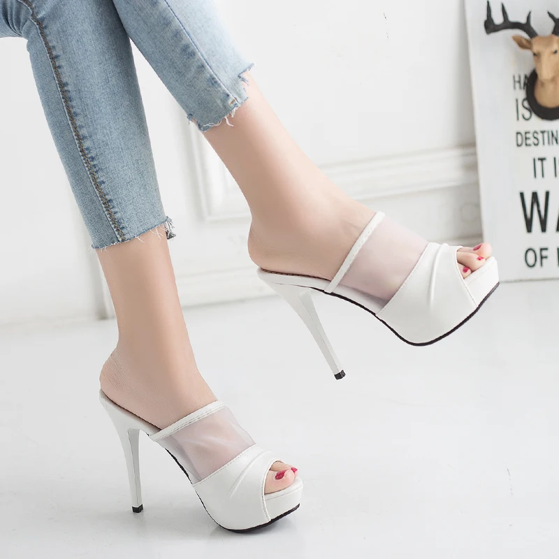 

JK 2018 New Super Thin High Heels Women Slippers Peep Toe Slides Mesh Platform Footwear Fashion Summer Casual Women Mules Shoes