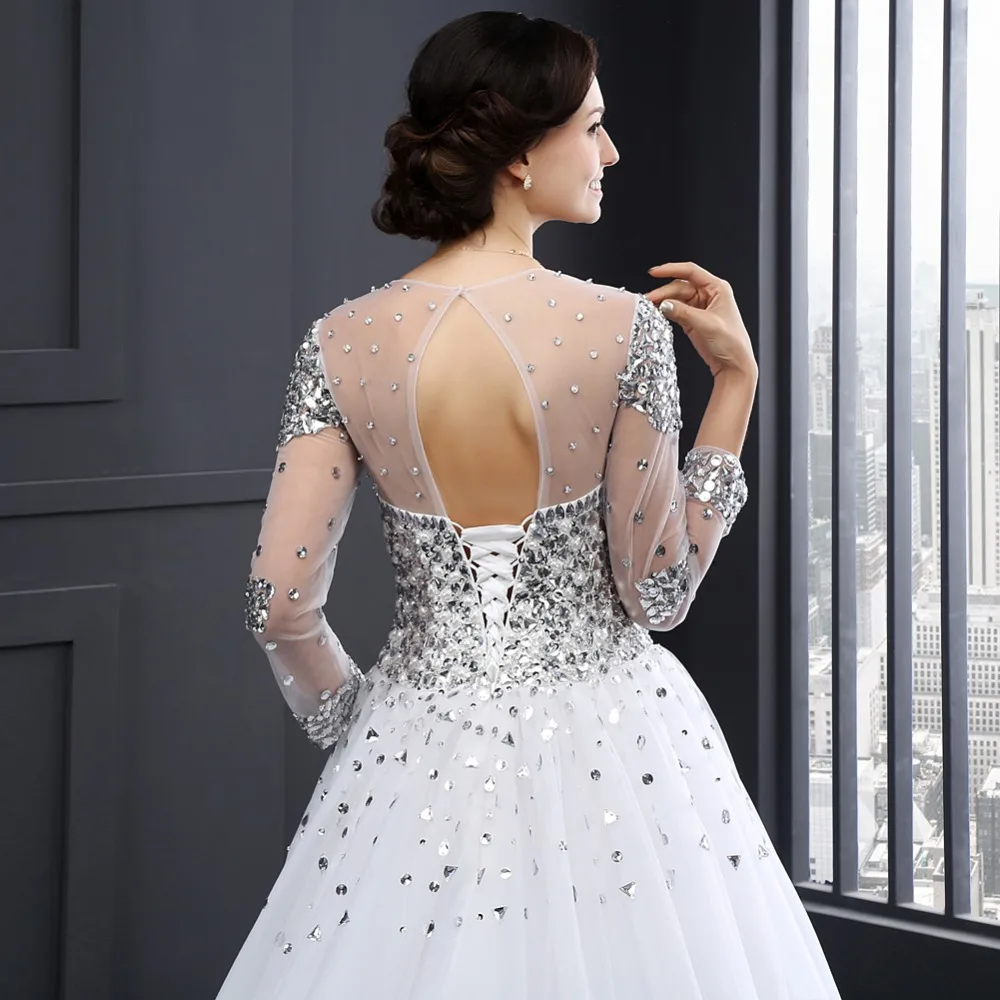 Белый узелок платье-линии развертки поезд кристалл раскаты тюль Vestido де Noiva с