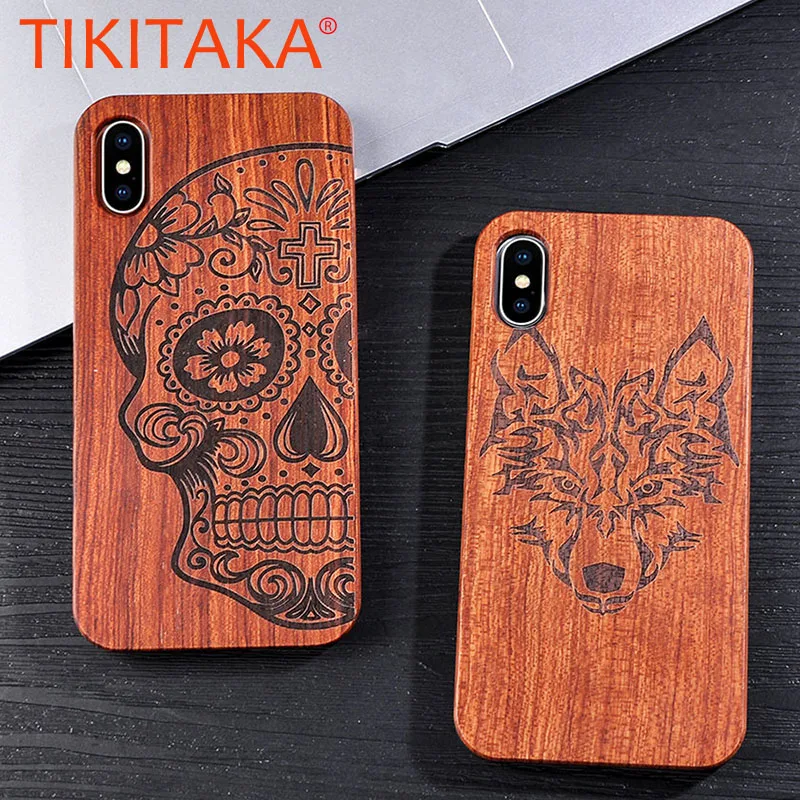 Натуральный деревянный ящик для iPhone X, 8, 7, 6, 6s Plus, 5S, 5, SE, чехол, новинка, тисненый цветок, Череп, волк, узор, деревянный чехол для телефона s