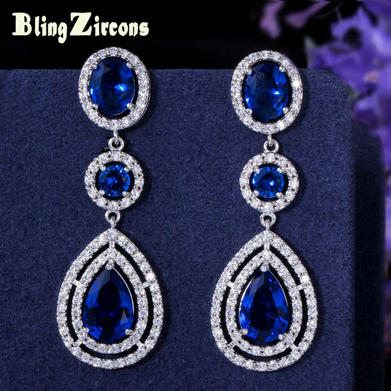 Женские серьги капельки из фианита темно синие длинные E127|earrings wedding|drop earings