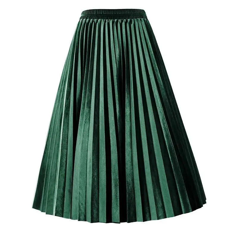 dark green Зимняя металлическая Толстая бархатная плиссированная длинная юбка до середины икры, эластичная резинка на талии, плиссированная Осенняя Женская Корейская юбка синего и зеленого цвета - Цвет: dark green