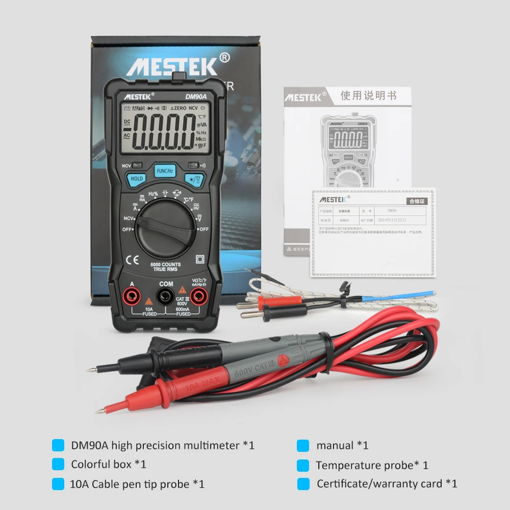 MESTEK DM90A NCV Цифровой мультиметр 6000 отсчетов Автоматический диапазон AC/DC Напряжение Ток Ом метр амперметр задний светильник большой экран