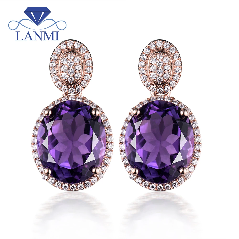 

Oval Solid 14kt Rose Gold Natural Purple Amethyst Earrings, Natural Amethyst Diamond Earring Drop Earring For Women E0053