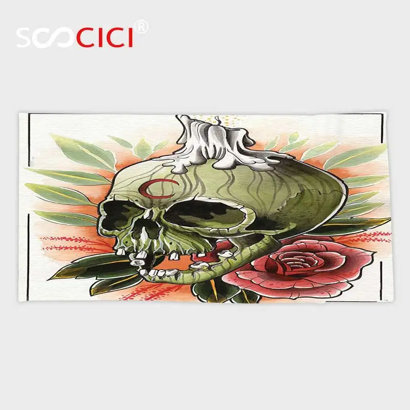 Custom Microfiber Ultra Soft Bath/hand Towel,Trippy Art Decor Scary Skull Skeleton with Rose Flower Candle and Moon Artisan Art