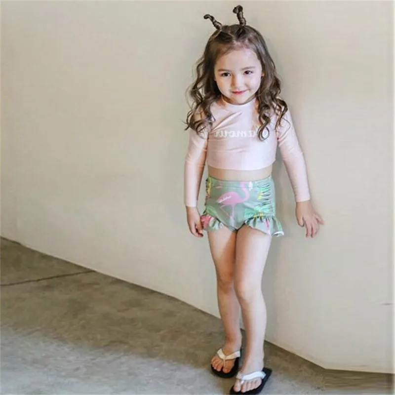 LILIGIRL/милый солнцезащитный купальник с длинными рукавами для маленьких девочек; Детские быстросохнущие купальники с изображением фламинго; комплекты одежды для купания; купальный костюм