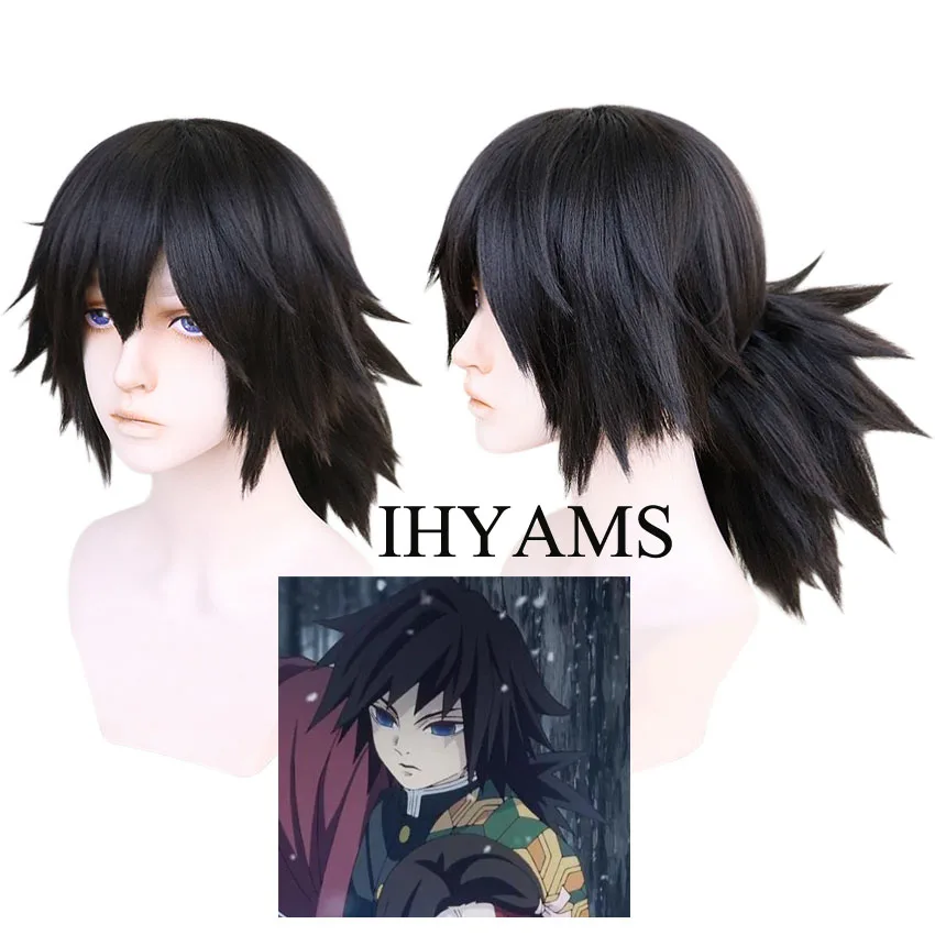 black Tomioka Giyuu, парик для косплея, клинок демона, убийцы, Kimetsu no Yaiba, аниме, короткие, большие волосы, синтетические волосы - Цвет: black