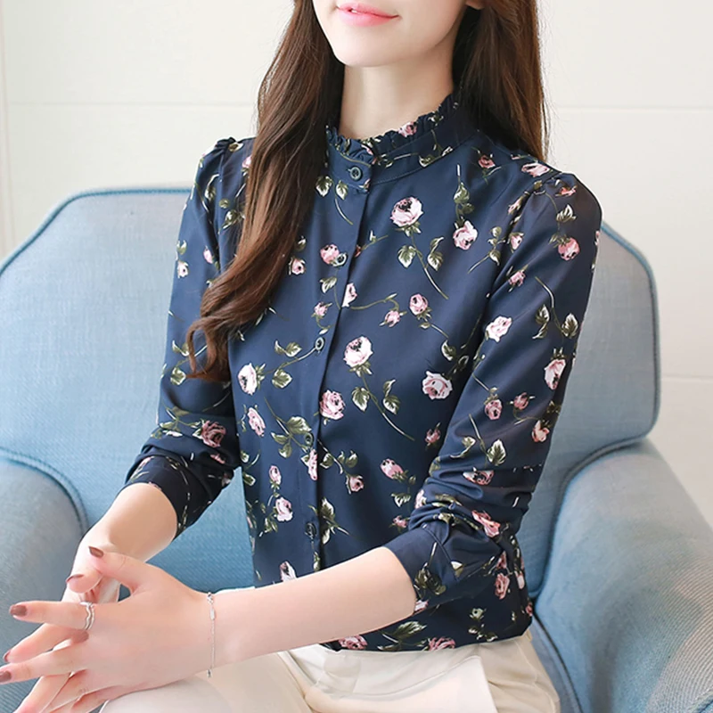 2018 Винтаж Для женщин Цветочные блузки с взъерошенными воротником длинный рукав