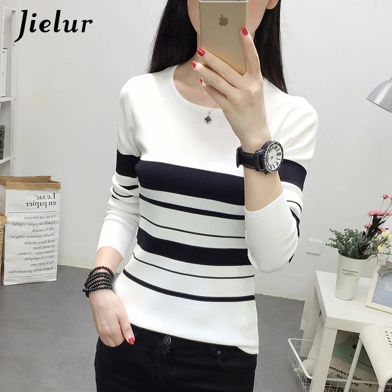 Jielur Korean Sweater Women Long Sleeve Slim White and Black Stripe Pullover Casual Spring Fashion Simple Basic Knitted Sweaters | Женская