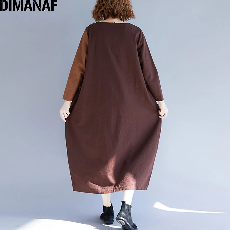 DIMANAF женские платья зимние с длинным рукавом льняные женские Лоскутные винтажные платья Женская одежда размера плюс свободные платья