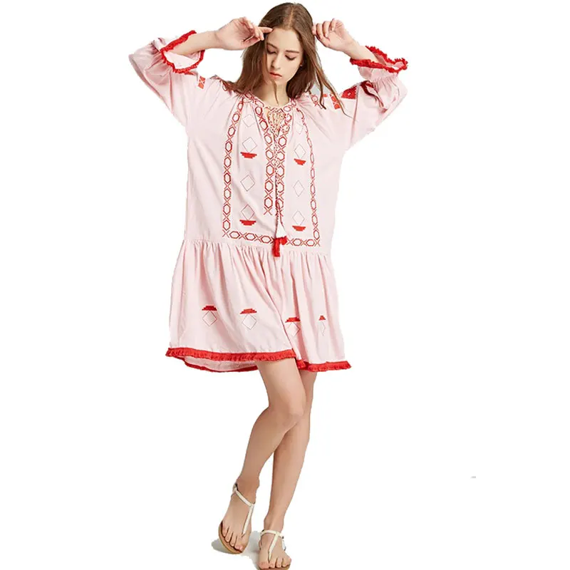 

2020 Spring Maxi Boho Pink Dress Women Long Sleeves Beach Embroidery Loose Hippie Style Chic Ethnic Dresses Holiday Vestidos