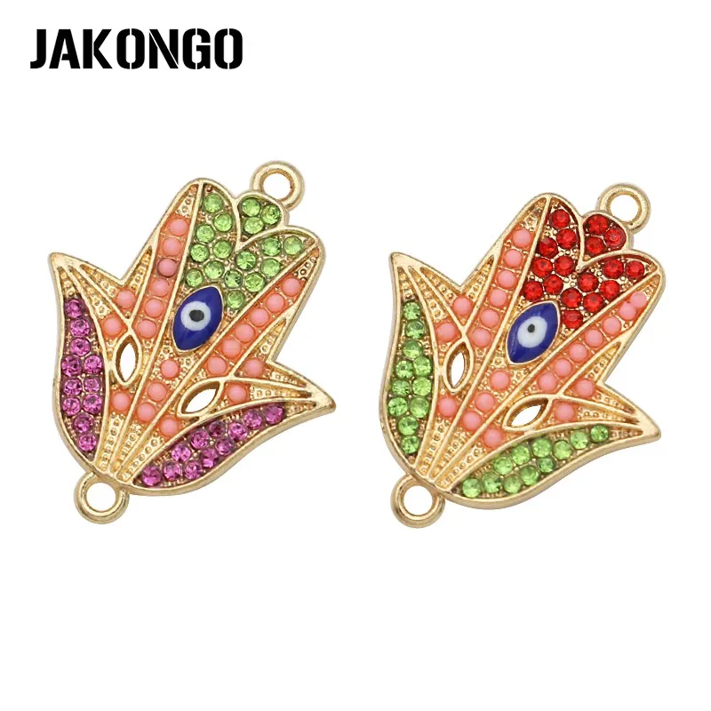 

JAKONGO Gold Plated Crystal Evil Eye Fatima Hand Connector for Jewelry Making Bracelet Accessories Findings 27x22mm 4pcs/lot