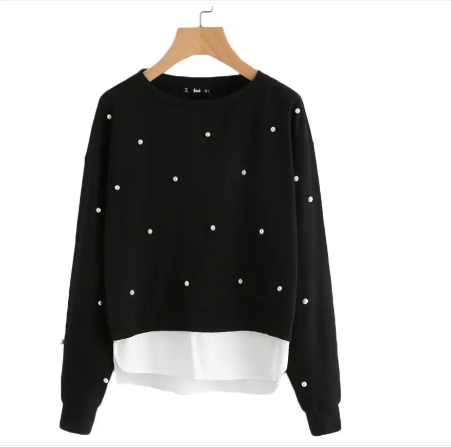 Женский свитер с длинным рукавом черный жемчугом и бусинами|women sweatshirt|sweatshirt