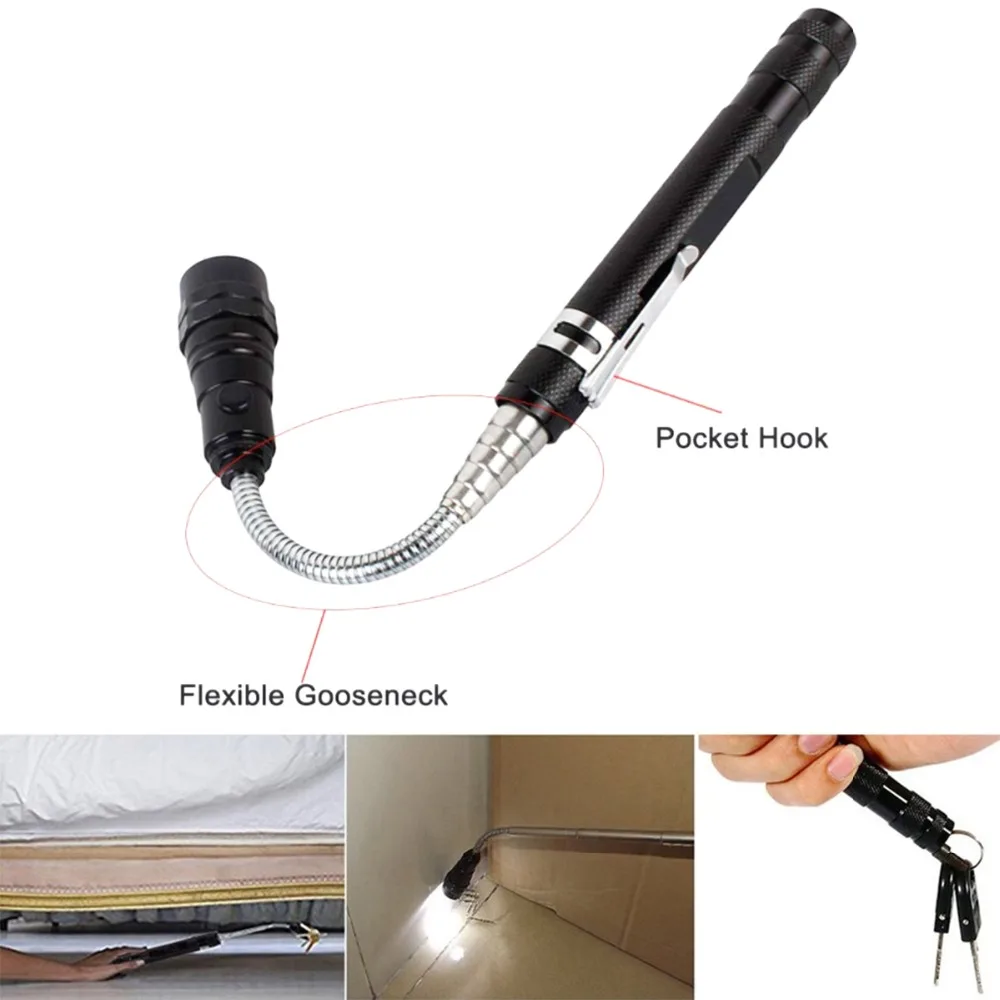 

Portable flashlight Flexible Head Flashlight Torch with a magnet Telescopic Flexible 3 LED lamp Pick Up Tool Lamp Light