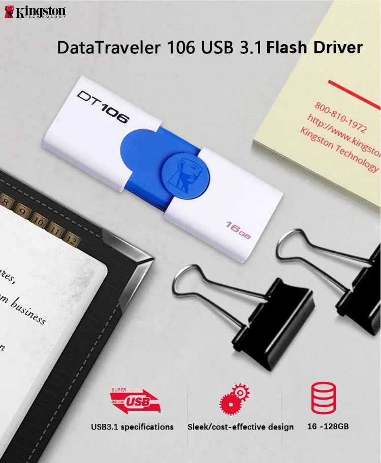 Kingston флэш-накопитель USB 3,0 флэш-накопитель 16 ГБ 32 ГБ 64 Гб 128 ГБ высокоскоростной 130 МБ/с. USB 3,1 флеш-накопитель sleek памяти Memorias диски DT106