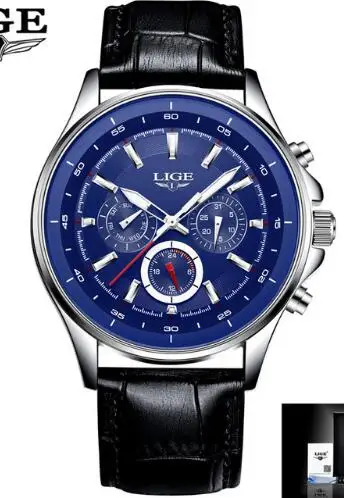 leather blue LIGE спортивные мужские часы, мужские кварцевые наручные часы, водонепроницаемые, ударопрочный стальной ремешок, черные армейские мужские часы, мужские часы Hodinky+ коробка - Цвет: leather blue
