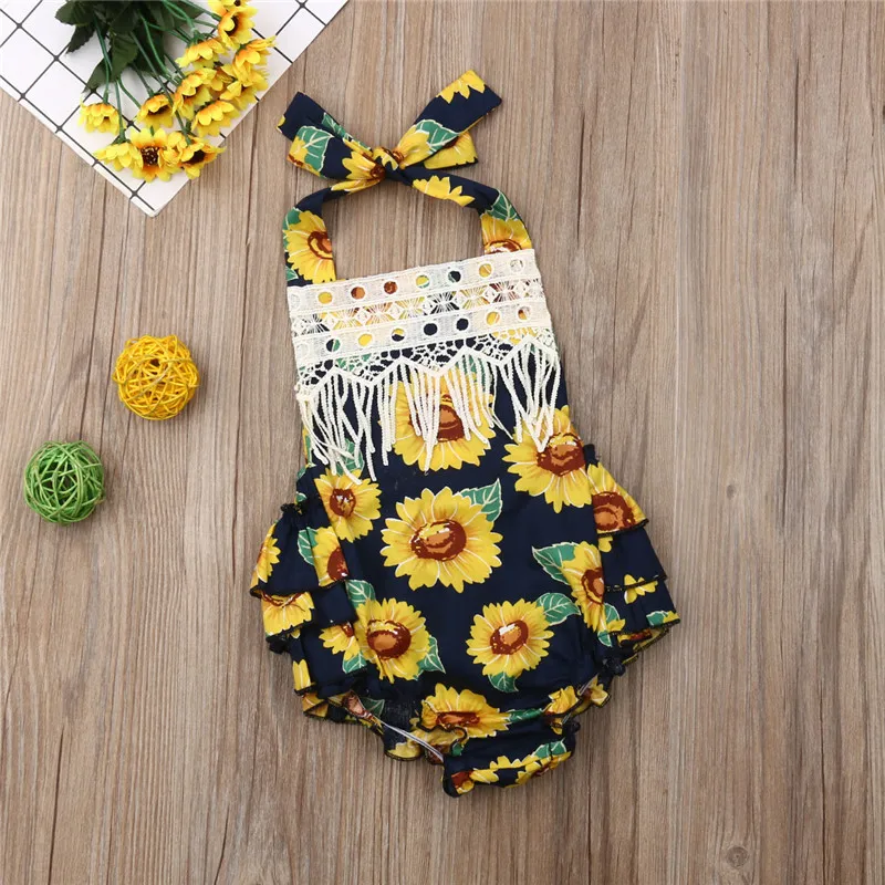 

Lovely Newborn Baby Girls clothes backless Tassel strap Sunflower print Bodysuit sleeveless square collar Playsuit one pieces