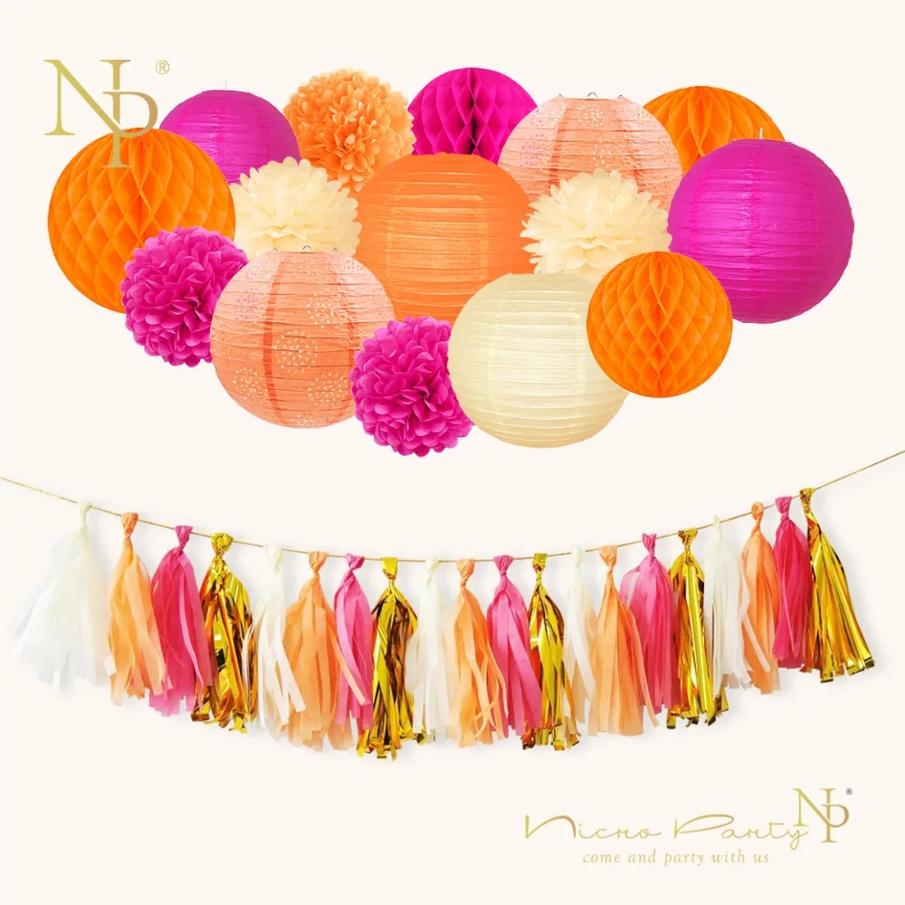 Nicro 56 шт./компл. С Днем Рождения украшения Висячие бумажные фонари Pom Poms баннер гирлянда шар оранжевый розовый# Set83