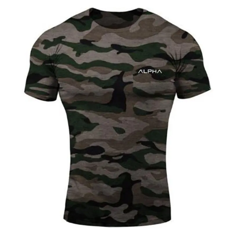 Camouflage Новинка, футболка для спортзала, мужские рубашки для бега, короткий рукав, Рашгард, футболка, мужские тренировочные утягивающие футболки, хлопковая Спортивная футболка для бега - Цвет: Camouflage