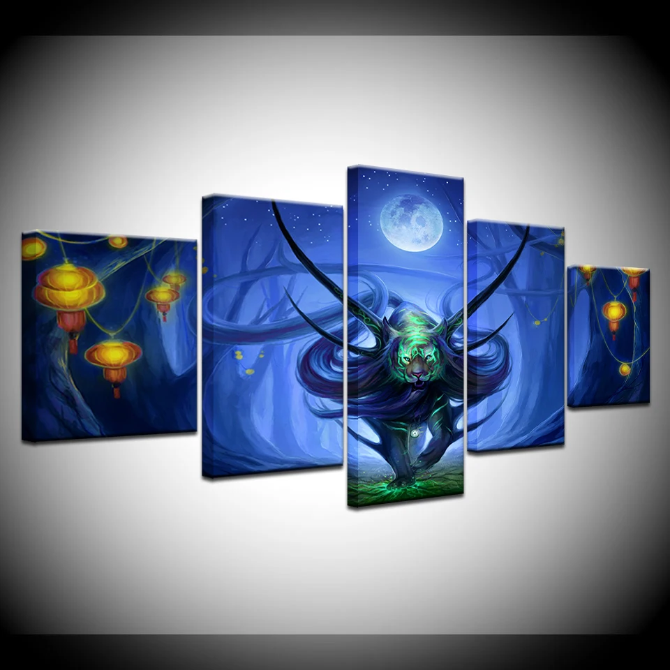 

Canvas Painting tiger with moon Wall Art Pictures 5 Pieces Modular Wallpapers Poster Framework Print for living room Home Decor