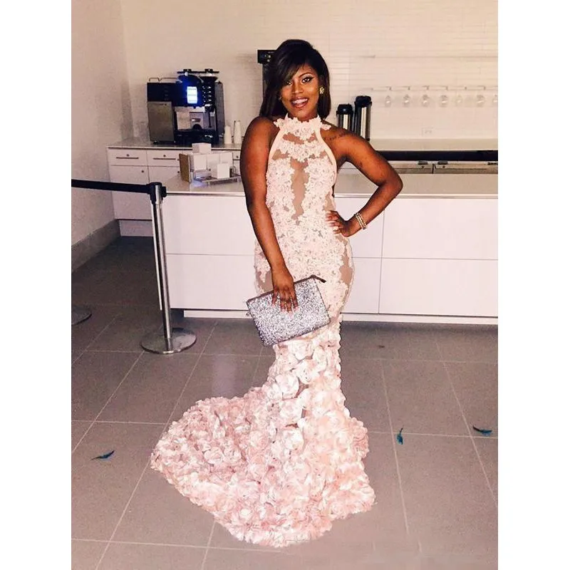 Элегантное Длинное платье для выпускного вечера с 3D аппликацией лямкой на шее