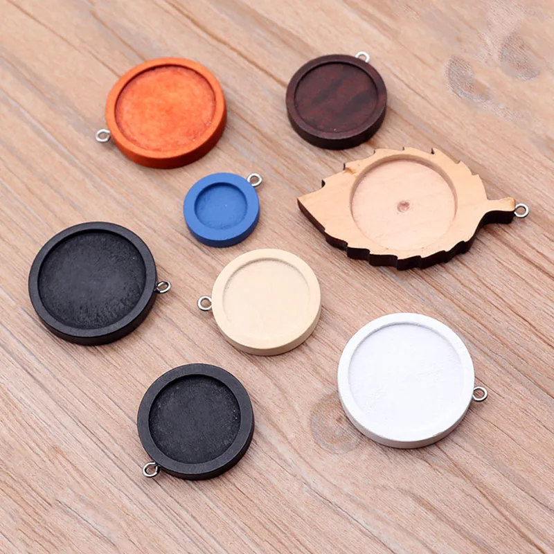 10pcs Inner size 12mm/20mm/25mm Wood Color Round leaf Wood Cabochon Base Setting Charms Pendant Necklace Earrings Findings