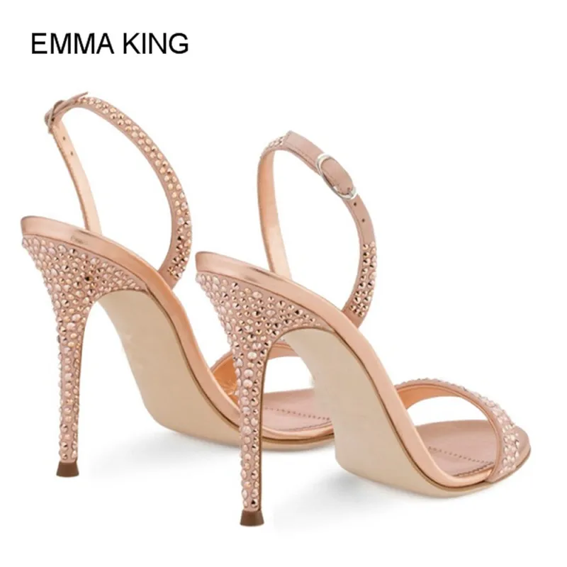 Emma king/ стиль; элегантные женские босоножки с кристаллами; цвет РОЗОВЫЙ, золотистый; женские Вечерние туфли на высоком тонком каблуке с круглым носком и ремешком сзади