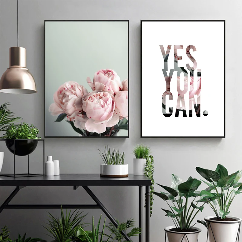 

Peony Flower Plant motivational quotes Wall Art Canvas Painting Nordic Posters And Prints Wall Pictures For Living Room Decor