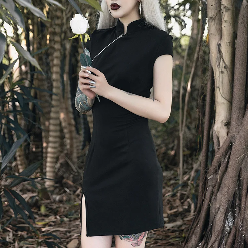 Женское облегающее платье на молнии готическое черное мини с коротким рукавом