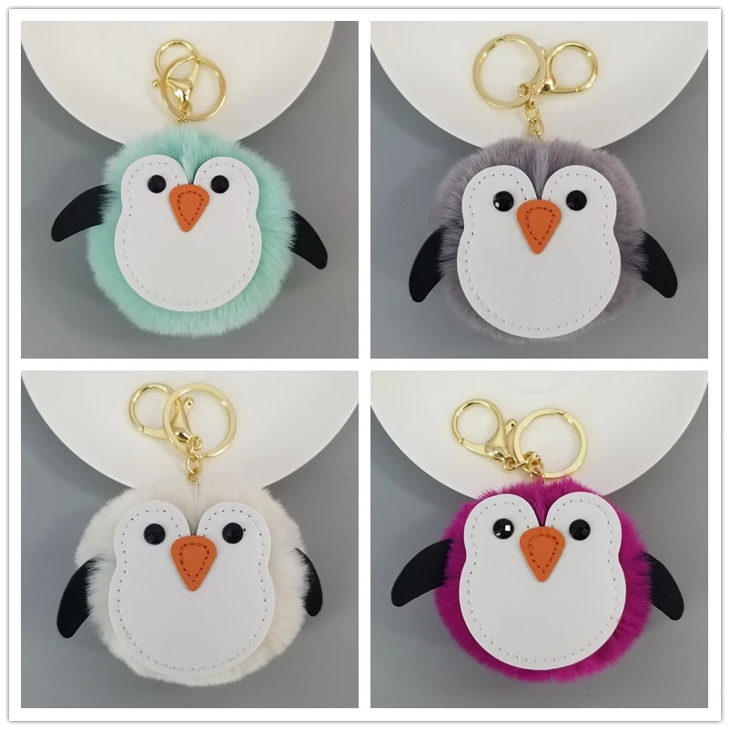 Penguin KeyChain Pompom PU Car Key Ring Pendant Fur Ball Keychain y Bags Pendants Decor Cartoon Couple Ornament Gift on - Пингвин брелок с помпоном из искусственной кожи для ключей автомобиля с подвеской из мехового шарика для ключей и подарочные украшени