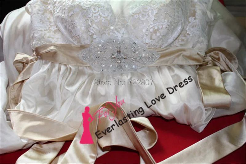 2014 Applique Beading Champagne Belt Inspired Lace Wedding Dress Open Back Cap Sleeves Empire Waist Maternity Bridal Gown | Свадьбы и