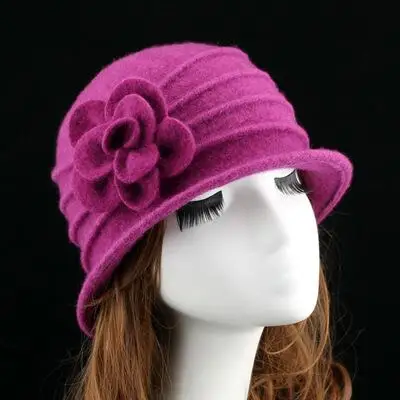Женская купольная фетровая шляпа из 100% шерсти, шляпы для мам для осени и зимы, одноцветная теплая флоппи-шляпа с цветочным рисунком, винтажные Ретро котелки, фетровые кепки