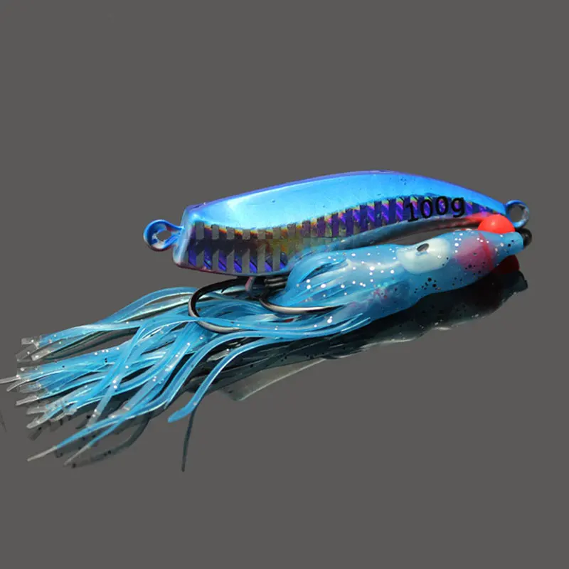 

2PCS 60g Holographic Metal Fishing Jig Lure With Squid Skirt Blue Color