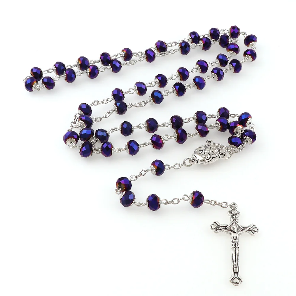 

6x8mm 5 Color Crystal Beads Rosary Catholic Necklace With Holy Soil Medal Crucifix Prayer Religious Jewelry