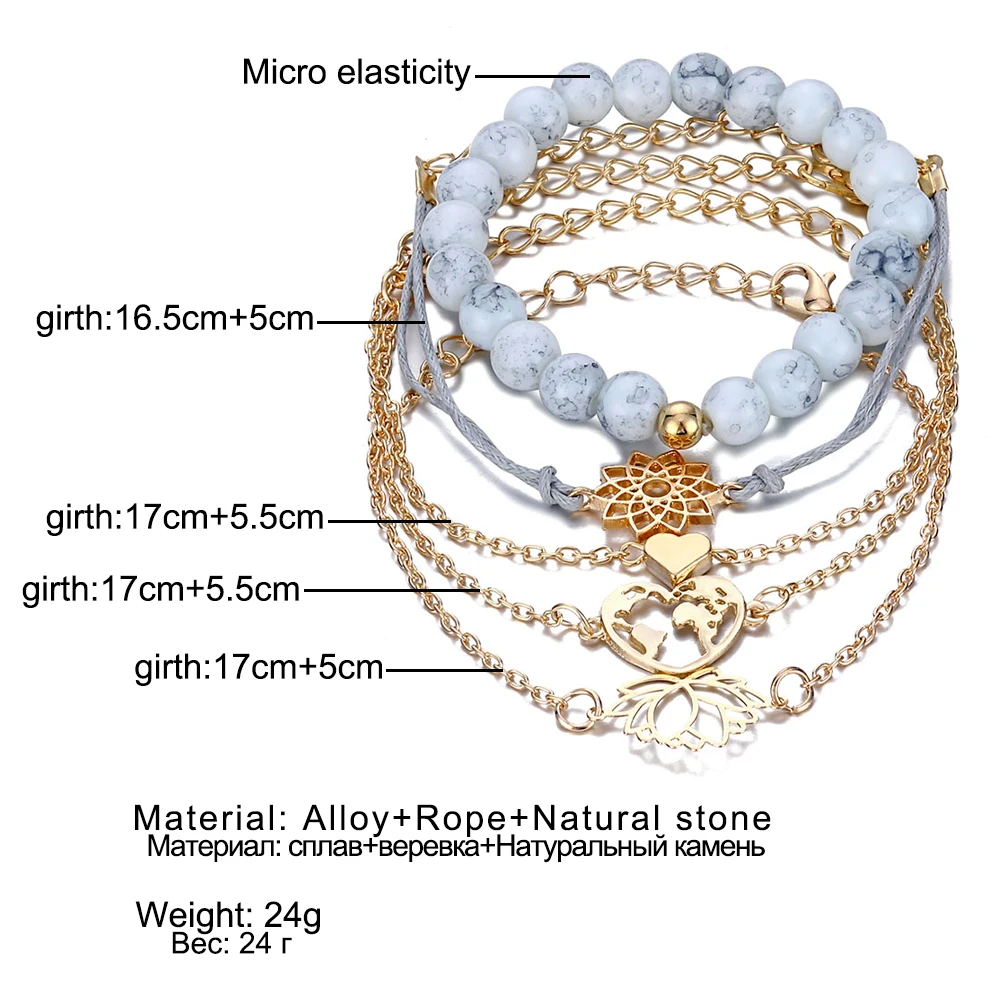 5 шт./компл. винтажный браслет в стиле бохо с изображением сердца карты лотоса