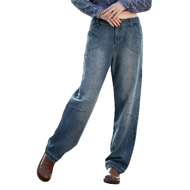 Джинсы женские прямые из смесовой хлопка с высокой талией на осень/зиму|jeans plus|plus