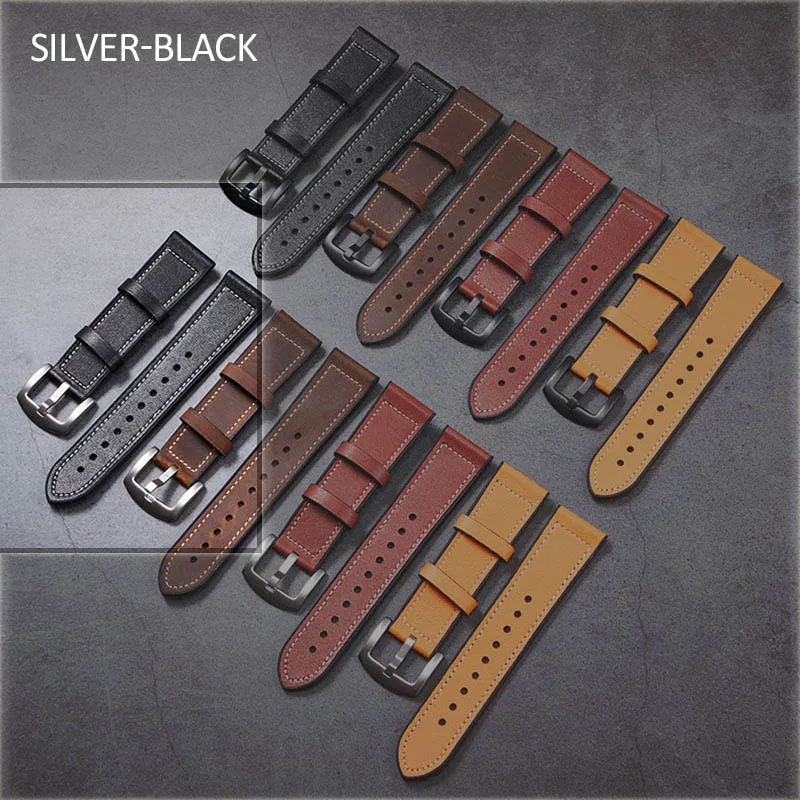 BLACK SILVER Creative Leather Silicone Watch Band 22mm Brown Black Belt for Men Watch Apple Samsung Galaxy Watch Luxury Leather Strap Belt - Цвет ремешка: BLACK SILVER