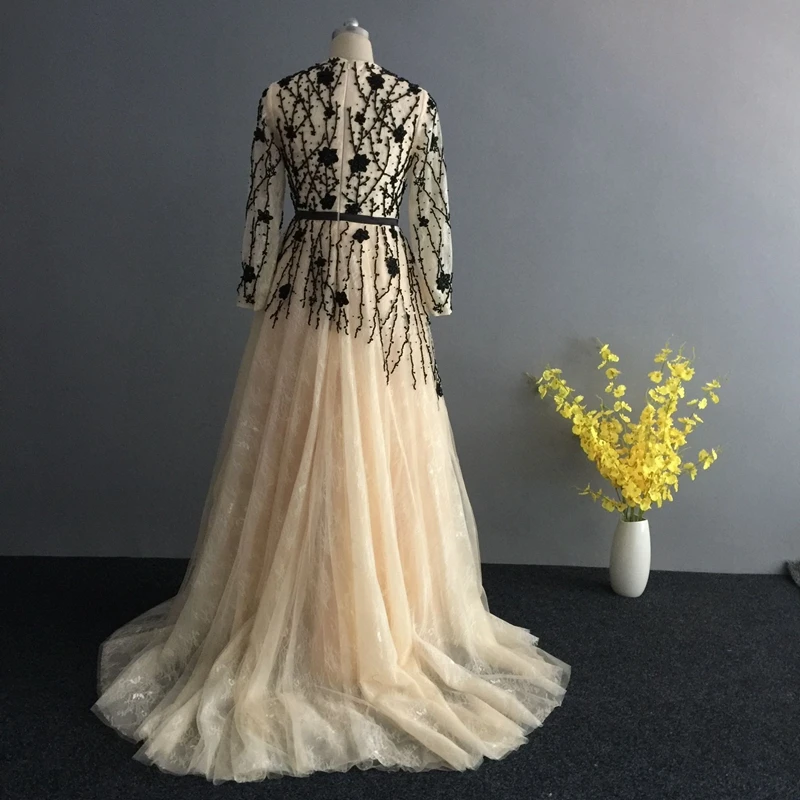 

Hot sale Long sleeve evening dresses 2020 Champagne Muslim evening dress Party Robe de soiree abiye Formal dress
