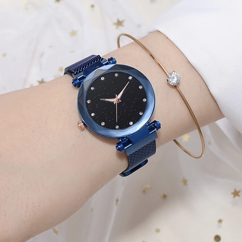 Новые женские сетчатые часы с магнитной пряжкой и звездным небом роскошные