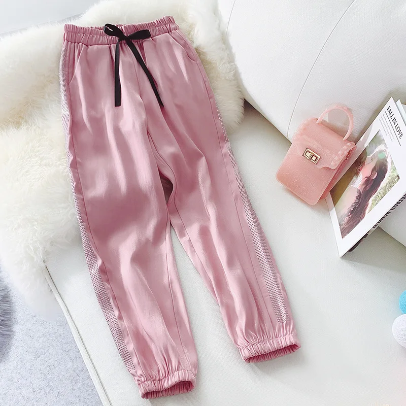 Новинка 2019 корейские летние женские штаны шаровары зеленые розовые Сатиновые