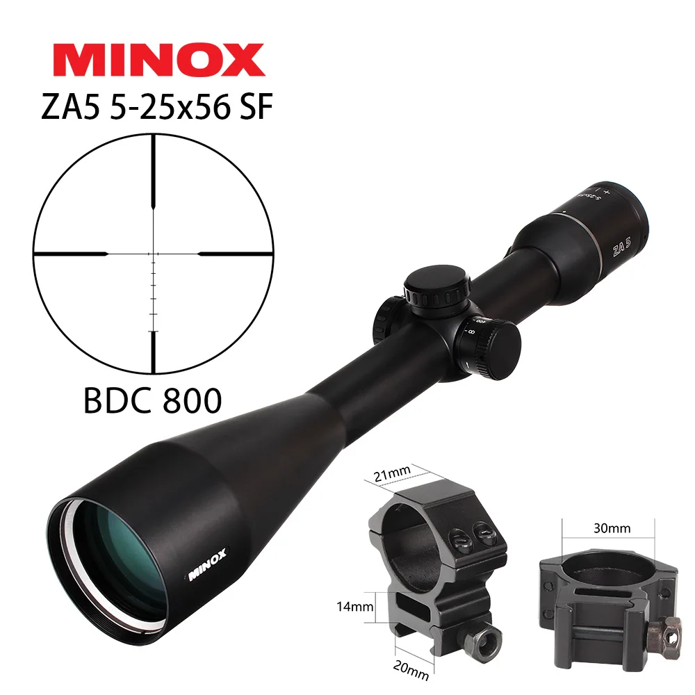 MINOX ZA5 5-25x56 SF охотничьи оптические прицелы 30 мм трубка BDC 800 сетка боковая параллакса тактическая съемка прицел с креплением кольца - Цвет: with Picatinny Ring