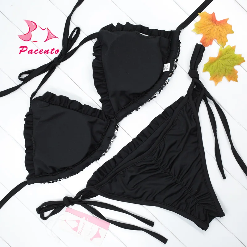 Pacento/пикантные Блёстки бикини черный бразильский купальник Для женщин повязки